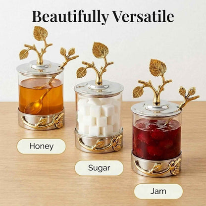 Godinger Elegant Leaf Jam & Honey Jar with Spoon – Stylish Stainless Steel & Glass Dish For Condiments, Sugar & Spreads – Decorative Serveware for Breakfast, Tea, Entertaining & Housewarming Gifts
