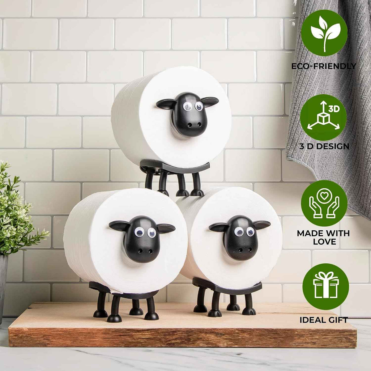 VELENTI Sheep Toilet Roll Holder - Funny Toilet Paper Holders Free Standing Cute Bathroom Decor - Premium 3D Printed Black Sheep Loo Rolls Holder - Hilarious Tissue Paper Roll Storage - Set of 3