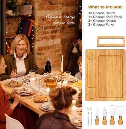Bamboo Charcuterie Board Set with 4 Cheese Knives, Serving Platter | 4 stainless steel knives, cutting board. Ideal for parties, weddings, wine night, housewarming.