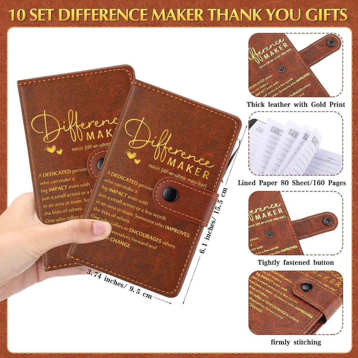 Marspark 10 Sets Difference Maker Appreciation Gifts,Brown | Inspirational A5 Leather Notebook with Pens for Men Women Coworkers Employees, Thank You Back to School Teacher Gifts