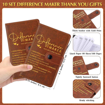 Marspark 10 Sets Difference Maker Appreciation Gifts,Brown | Inspirational A5 Leather Notebook with Pens for Men Women Coworkers Employees, Thank You Back to School Teacher Gifts