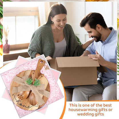 Patelai Wooden Cutting Board with Spoon Fork, Round Charcuterie Board | Housewarming Hostess Gift with Ribbon Decoration, Natural Wood Handle, Serves Cheese Fruit Bread Salad