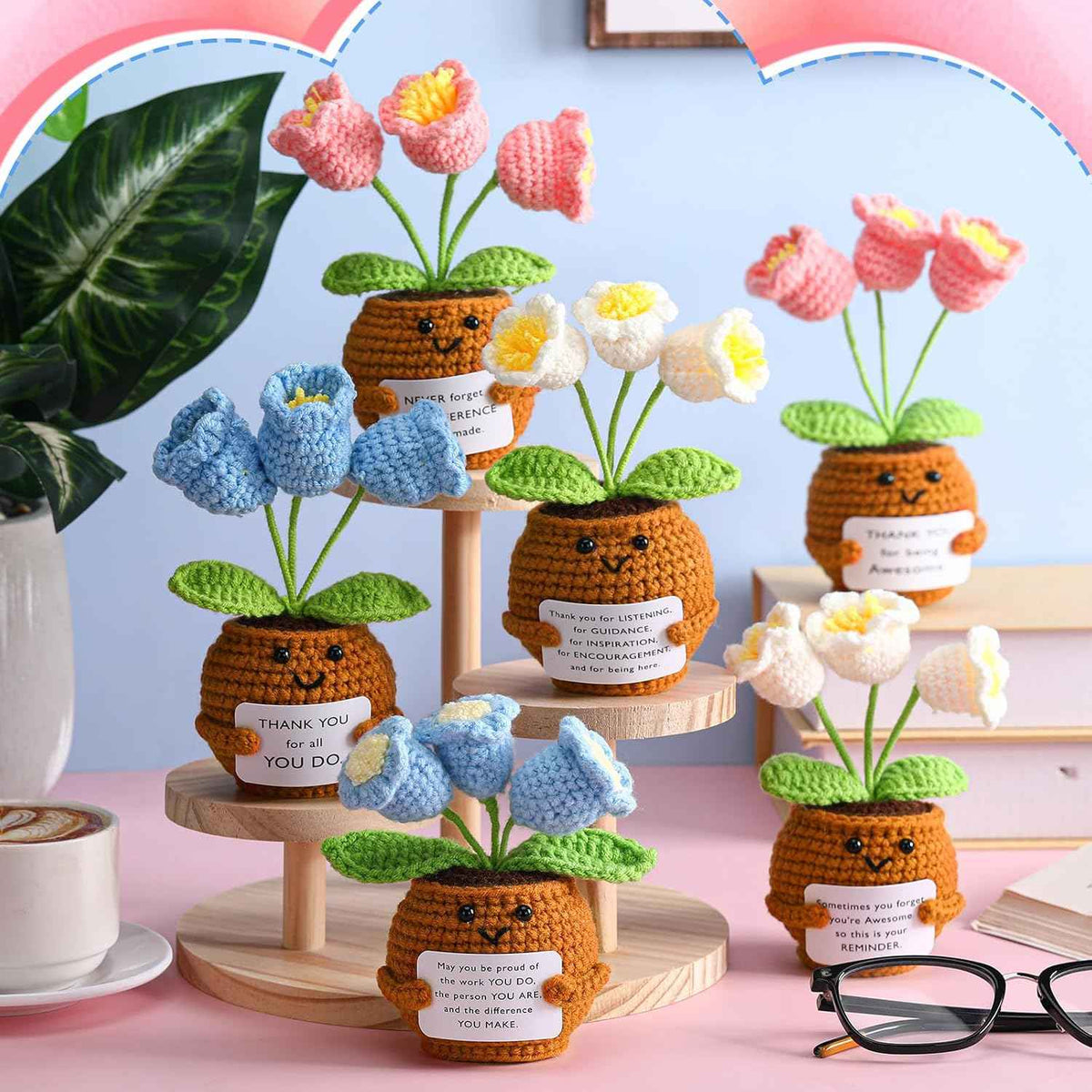 Wavwavw 6 Pcs Employee Appreciation Gifts Bulk Thank You Gifts for Team Coworkers Staff Positive Handmade Crochet Doll with Inspirational Card for Women Men Office EMS CNA(Lily of the Valley)