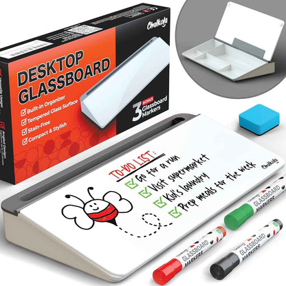 Chalkola Glass Desktop Whiteboard with Storage, Desk Dry Erase Board Buddy