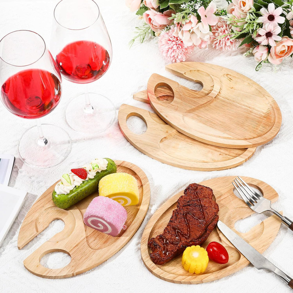 SiliFine 6 Pcs Wine Appetizer Plates with Wine Glass Holder Mini Charcuterie Board Glass Plates Set Picnic Tray for Party, Gatherings, Entertaining, 9 x 6(Rubber Wood)