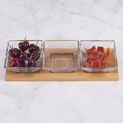 Badash Crystal Serving Bowl Set - 4-Piece 4" Square Bowls & Wood Tray Hostess Set - Handcrafted Food-Safe Lead-Free Crystal Glass Serving Piece