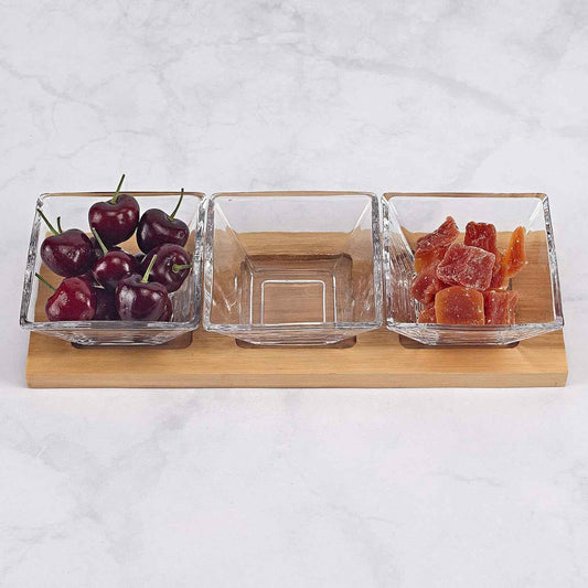 Badash Crystal Serving Bowl Set - 4-Piece 4" Square Bowls & Wood Tray Hostess Set - Handcrafted Food-Safe Lead-Free Crystal Glass Serving Piece