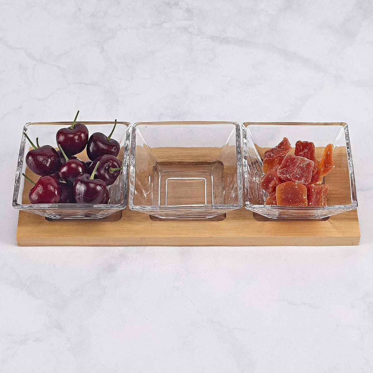 Elegant and Modern Decorative Hostess Set – 4 pc With 3 Glass Condiment or Dip Bowls on a Wood Tray, 12x2.5x4.5 Inches