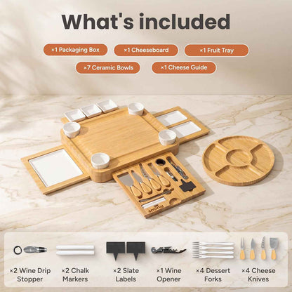 SMIRLY Bamboo Charcuterie Board Set with Cheese Knives, Serving Accessories | Housewarming, Wedding and Holiday Gift for Hosts, Suitable for Parties, Family Gatherings and Serving Charcuterie Spreads