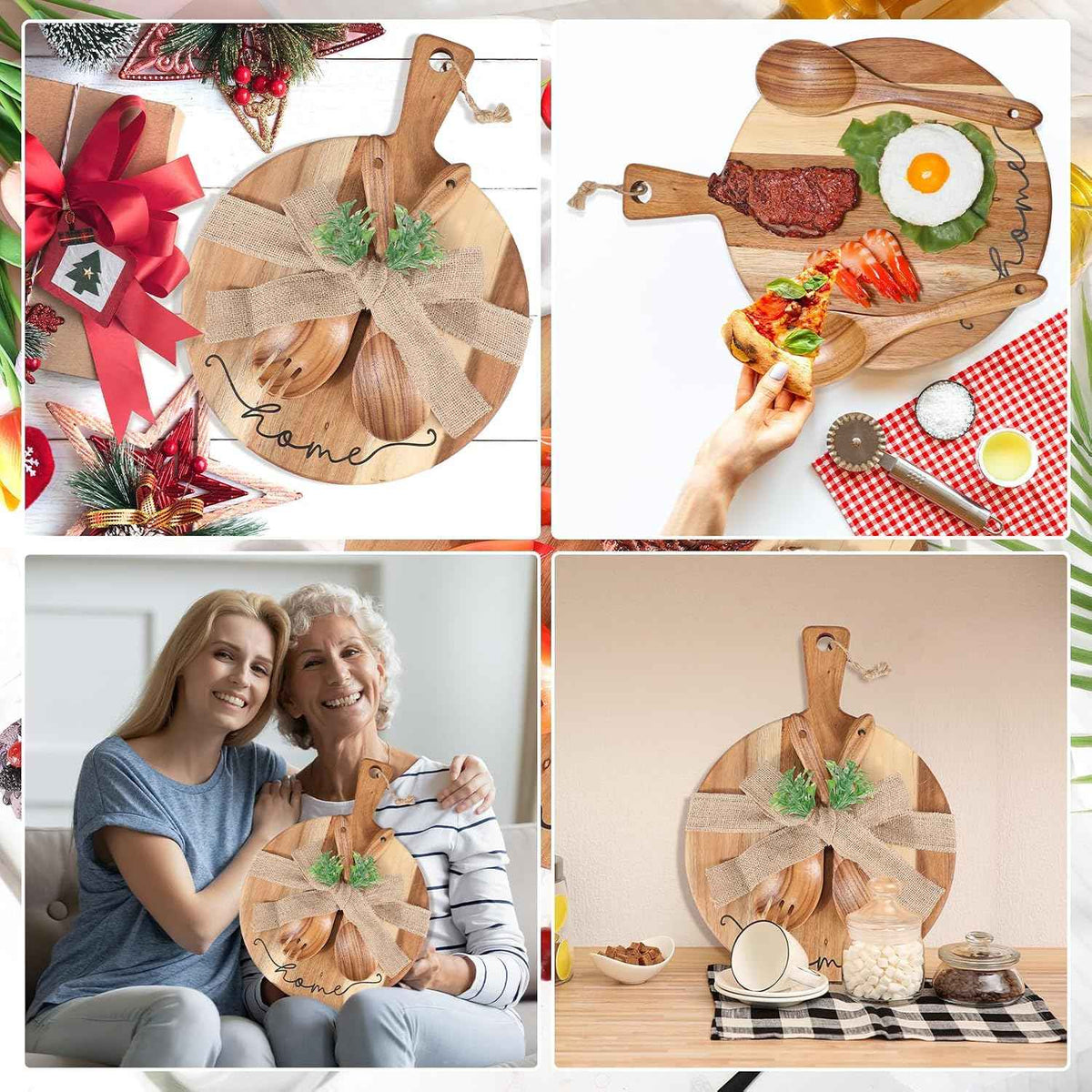 Patelai Wooden Cutting Board with Spoon Fork, Round Charcuterie Board | Housewarming Hostess Gift with Ribbon Decoration, Natural Wood Handle, Serves Cheese Fruit Bread Salad