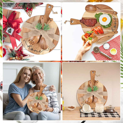 Patelai Wooden Cutting Board with Spoon Fork, Round Charcuterie Board | Housewarming Hostess Gift with Ribbon Decoration, Natural Wood Handle, Serves Cheese Fruit Bread Salad