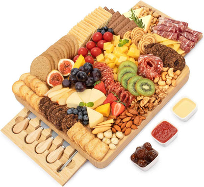 Charcuterie Board Set - FamRica Cheese Board with 2 Drawers, Bamboo Cheese Tray Serving - Unique, Wedding, Housewarming, Birthday Gifts