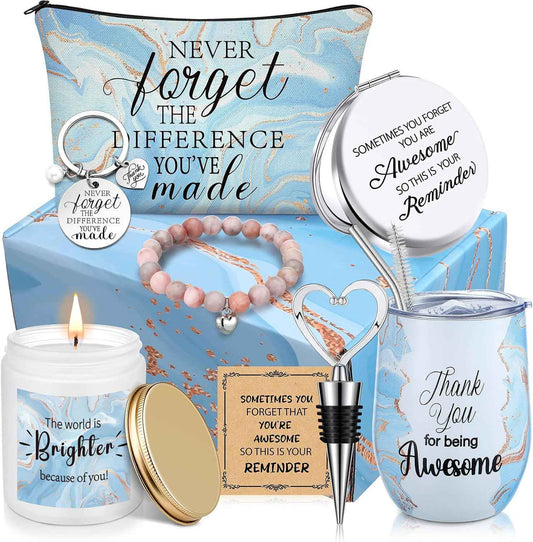 9 Pcs Inspirational Gifts for Women Teacher Appreciation Gift Set for Coworker Friend Nurse Mom Thank You Basket Makeup Bag Candle Tumbler Bracelet Mirror Keychain(Blue)
