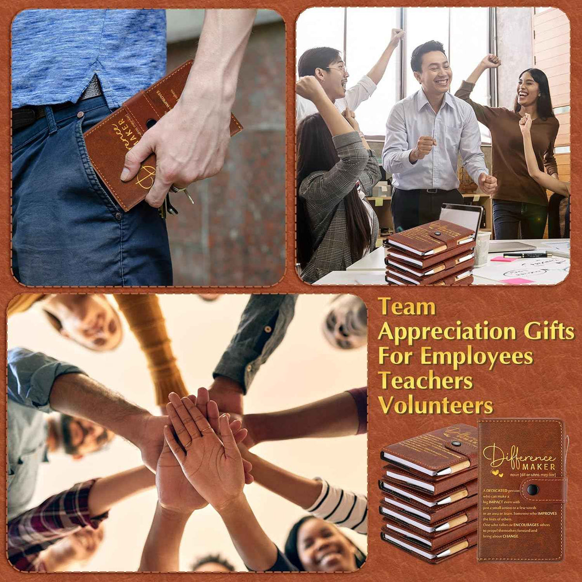 Marspark 10 Sets Difference Maker Appreciation Gifts,Brown | Inspirational A5 Leather Notebook with Pens for Men Women Coworkers Employees, Thank You Back to School Teacher Gifts