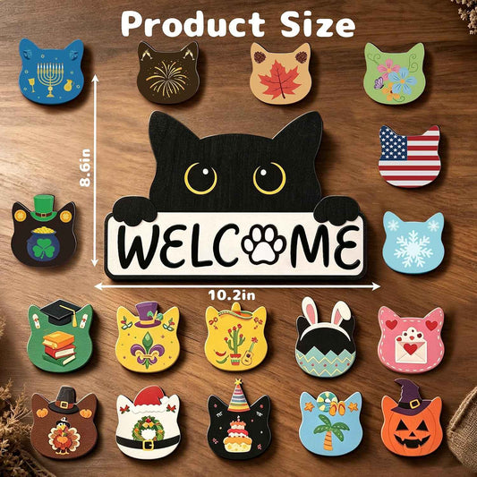 Cute Cat Interchangeable Welcome Home Sign for Front Door, Farmhouse Wooden Door Hanger with 18 Seasonal Icons, Porch, Entryway & Wall Decor, Housewarming Gift