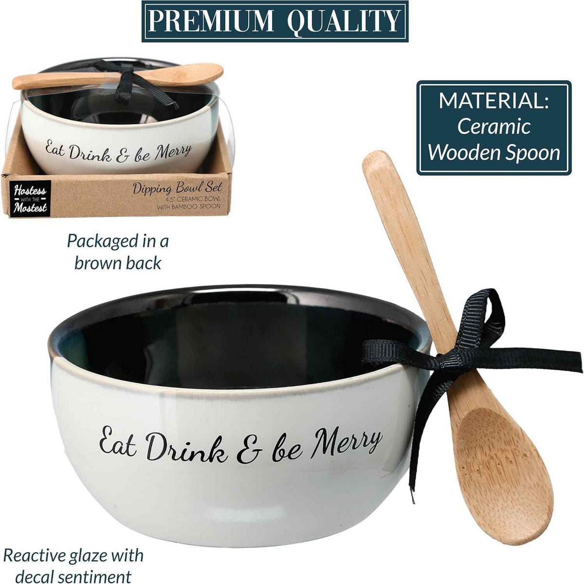 Pavilion - Eat Drink & Be Merry - 4.5" Dip Bowl & Spoon Set Housewarming Apartmentwarming Neutral Decor Holiday Seasonal Christmas Gift Present
