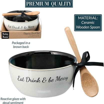 Pavilion - Eat Drink & Be Merry - 4.5" Dip Bowl & Spoon Set Housewarming Apartmentwarming Neutral Decor Holiday Seasonal Christmas Gift Present