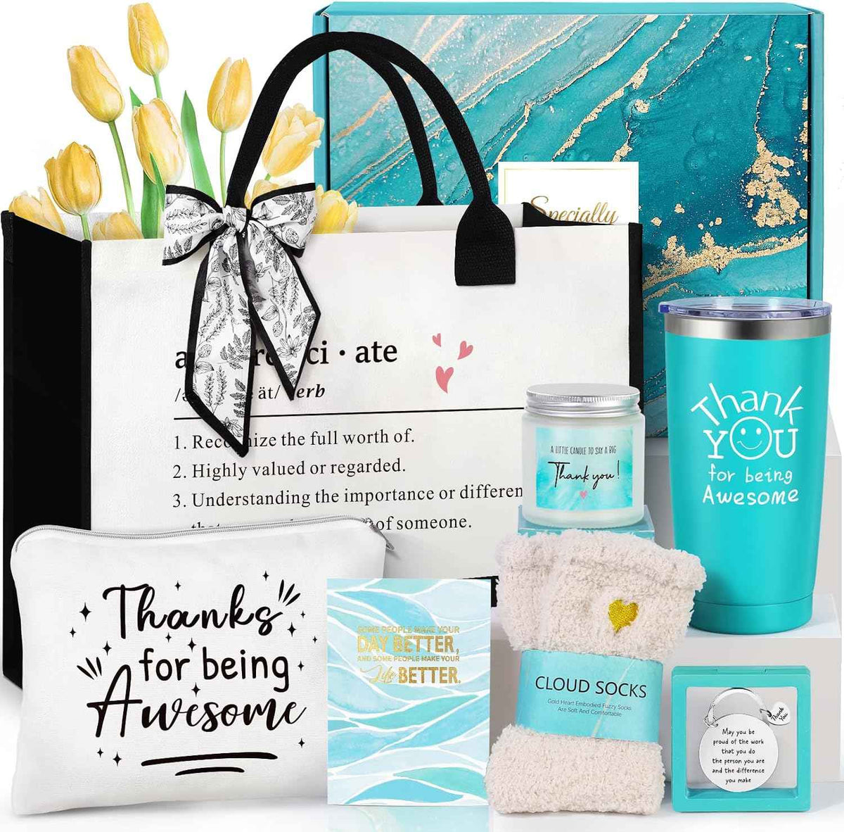 Suhctuptx Thank You Gifts for Women, Employee Appreciation Gifts, Appreciation Gift for Coworkers Teachers Employees, Gratitude Basket with Canvas Tote Bag Thank You for Being Awesome Tumbler