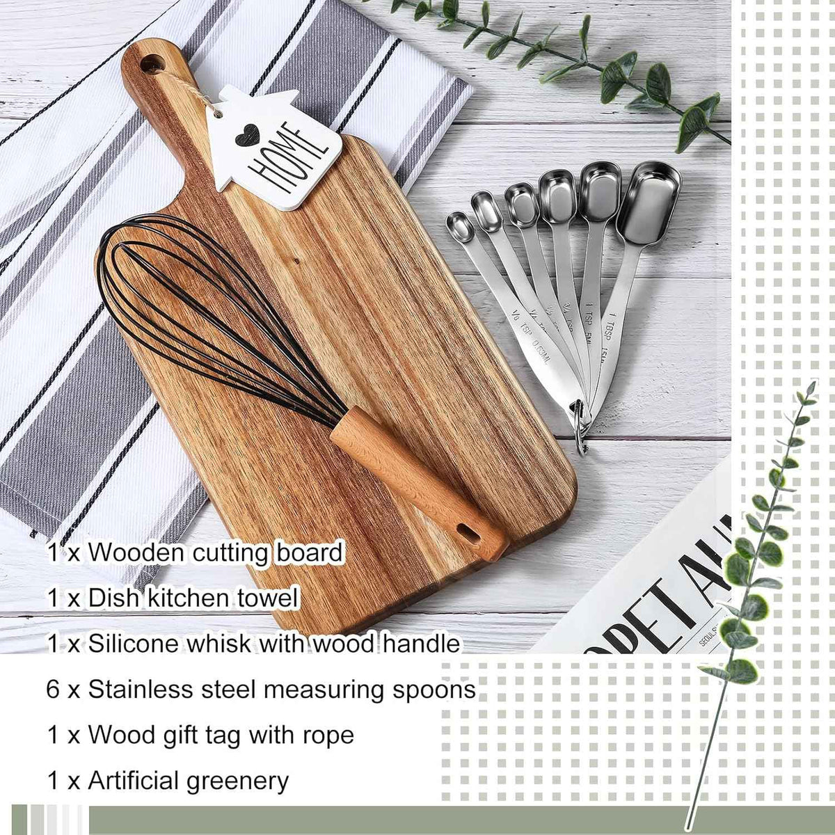 Patelai 7 Pcs Housewarming Gifts Set, Cutting Board Towels Spoons Whisk | Wood Board, Striped Towels, Metal Spoons, Silicone Whisk, Wedding Bridal Shower Gift for Newlywed Homeowner Kitchen