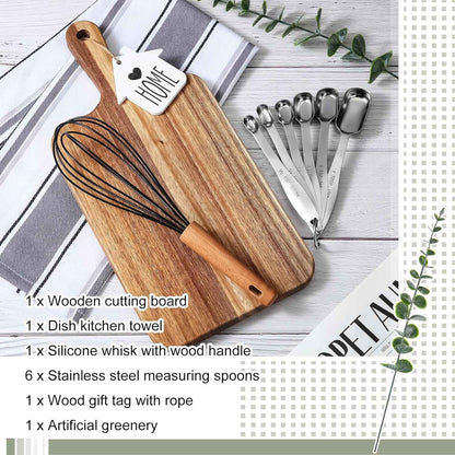 Patelai 7 Pcs Housewarming Gifts Set, Cutting Board Towels Spoons Whisk | Wood Board, Striped Towels, Metal Spoons, Silicone Whisk, Wedding Bridal Shower Gift for Newlywed Homeowner Kitchen