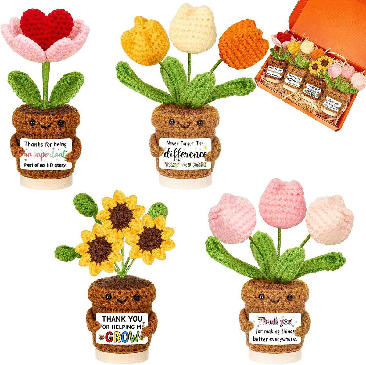 4 Pcs Thank You Gifts for Women, Positive Crochet Sunflower Tulip Heart Potted Plant Flower Dolls with Card Wooden Stands and Box, Teacher Employee Appreciation Gifts, Mothers Day, Birthday Gift