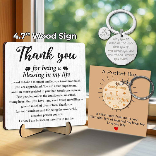 Thank You Gifts for Coworkers, Teacher, Boss, Nurse, Employee, Pastor | Appreciation Gifts for Going Away, Retirement, Thanksgiving Desk Decor with Plaque, Pocket Hug, Keychain, Card FF751