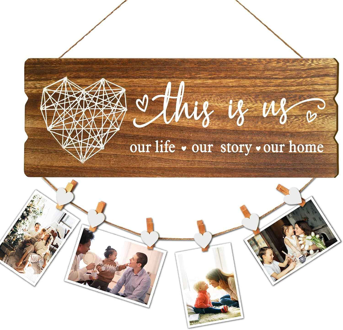 Buecasa Housewarming Gifts New Home Sign Decor - Rustic Wall Hanging Picture Frame with 6 Heart Clips -This Is Us Wall Decor 15.8x6.0 Inches