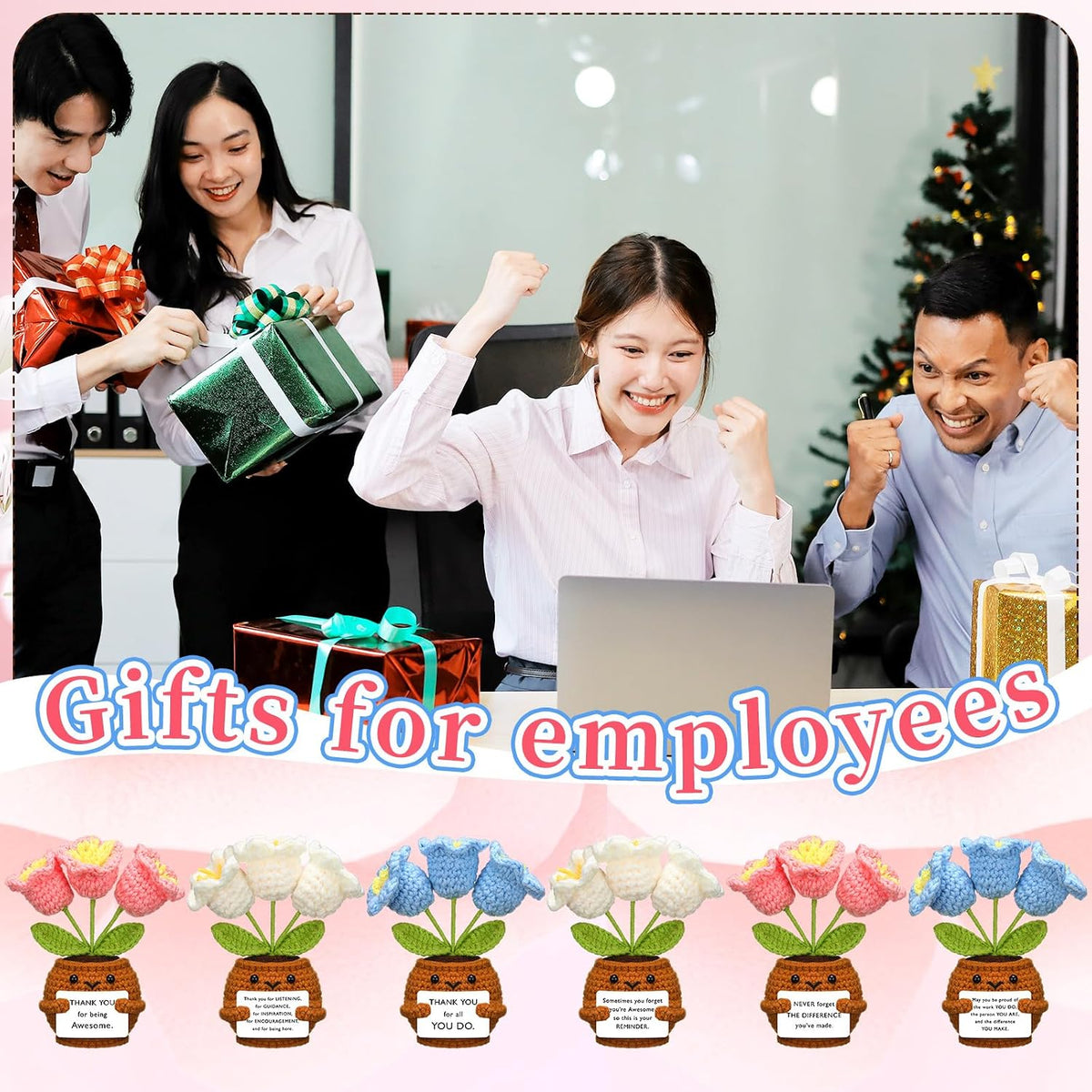 Wavwavw 6 Pcs Employee Appreciation Gifts Bulk Thank You Gifts for Team Coworkers Staff Positive Handmade Crochet Doll with Inspirational Card for Women Men Office EMS CNA(Lily of the Valley)