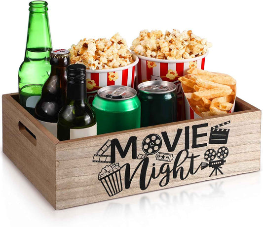 GlikCeil Movie Night Supplies Snack Trays with Handles, Rustic Wood | With Handles for Popcorn Drinks Snacks, Home Theater Decor Basket, Organizer for Family Movie Parties and Entertaining