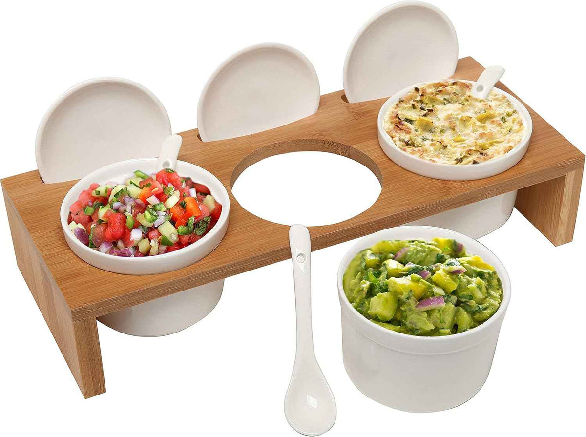 MyGift 10 Pcs Sauce Serving Dish, Hosting Party Essentials Host Gift, 3 Ceramic Ramekin Chip Dip Bowls with Lids & Spoons, Premium Bamboo Server Tray, Condiment Pot Entertaining