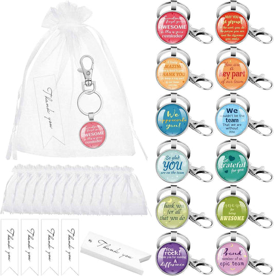 Henoyso 12 Sets Employee Appreciation Gifts for Admin Coworkers Include 12 Inspirational Keychain 12 Organza Bags 12 Thank You Cards Leaving Appreciation Day Gifts for Admin Office Men Women