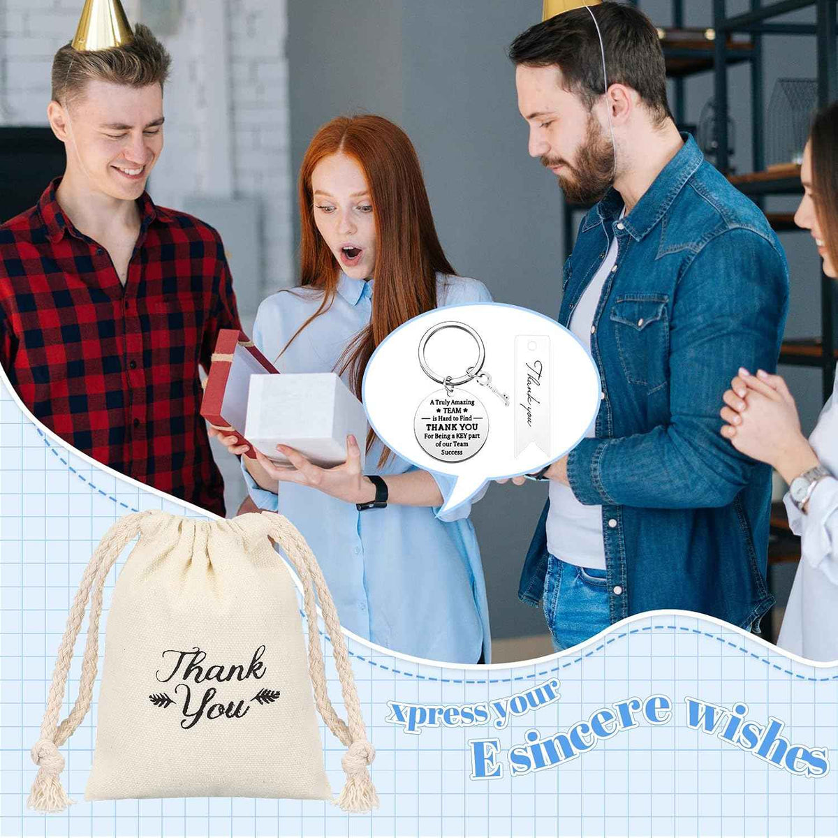 Yinkin 36 Pcs Employee Appreciation Gifts Thank You Keychain | Thank You Keychains Bulk Set, Drawstring Pouches, Cards, Ideal for Coworker Team, Office Events, Staff Thank You Rewards