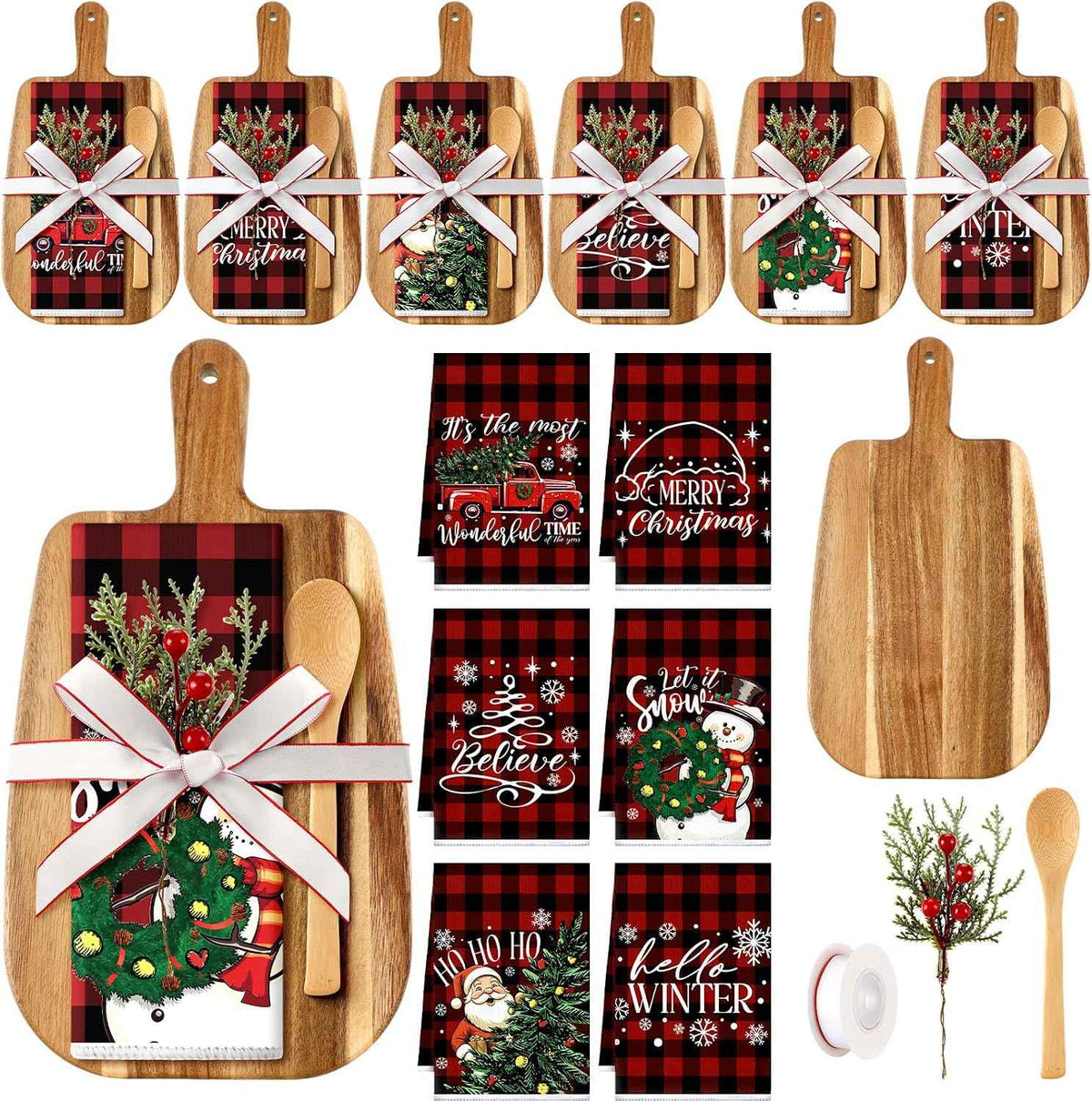 Fanfanwin 6 Sets Christmas Kitchen Gifts Pine Branches Acacia Cutting Board Cooking Spoon Towel Ribbon for Xmas Decoration Friends Family Client Homeowner Apartment Closing Housewarming Favors