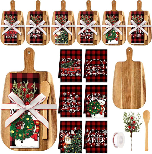 Fanfanwin 6 Sets Christmas Kitchen Gifts Pine Branches Acacia Cutting Board Cooking Spoon Towel Ribbon for Xmas Decoration Friends Family Client Homeowner Apartment Closing Housewarming Favors
