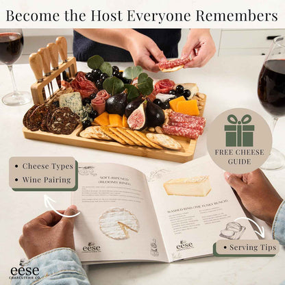 Eese Charcuterie Board Set, 14 x 11 Inch Bamboo Cheese Board with Cheese Knife Set, Deep Groove Serving Tray, Screw-Mount Utensil Holder, Gift for Housewarming & Entertaining
