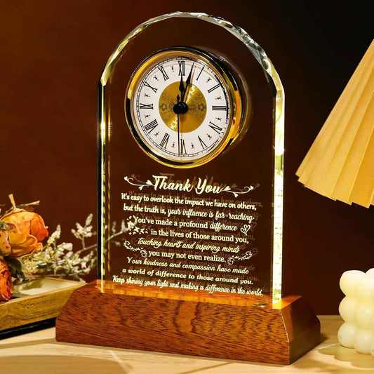 Arikyrist Thank You Gifts for Women Men Glass Clock with Wooden Light Base | Inspirational Thank You Plaque, Appreciation Gifts, for Friends, Coworkers Teachers Employee Principal, Office Desk Decor