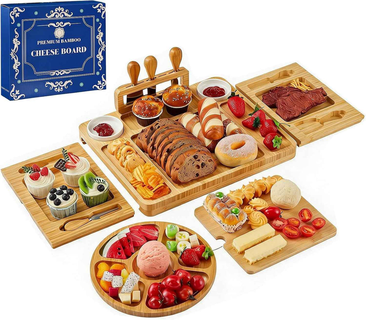 Bamboo Charcuterie Boards Gift Set, Large Cheese Board with Knives for Serving Meat & Cheese Platter, House Warming Gifts New Home, Wedding Gift for Couple, Bridal Shower, Birthday Gift for Women