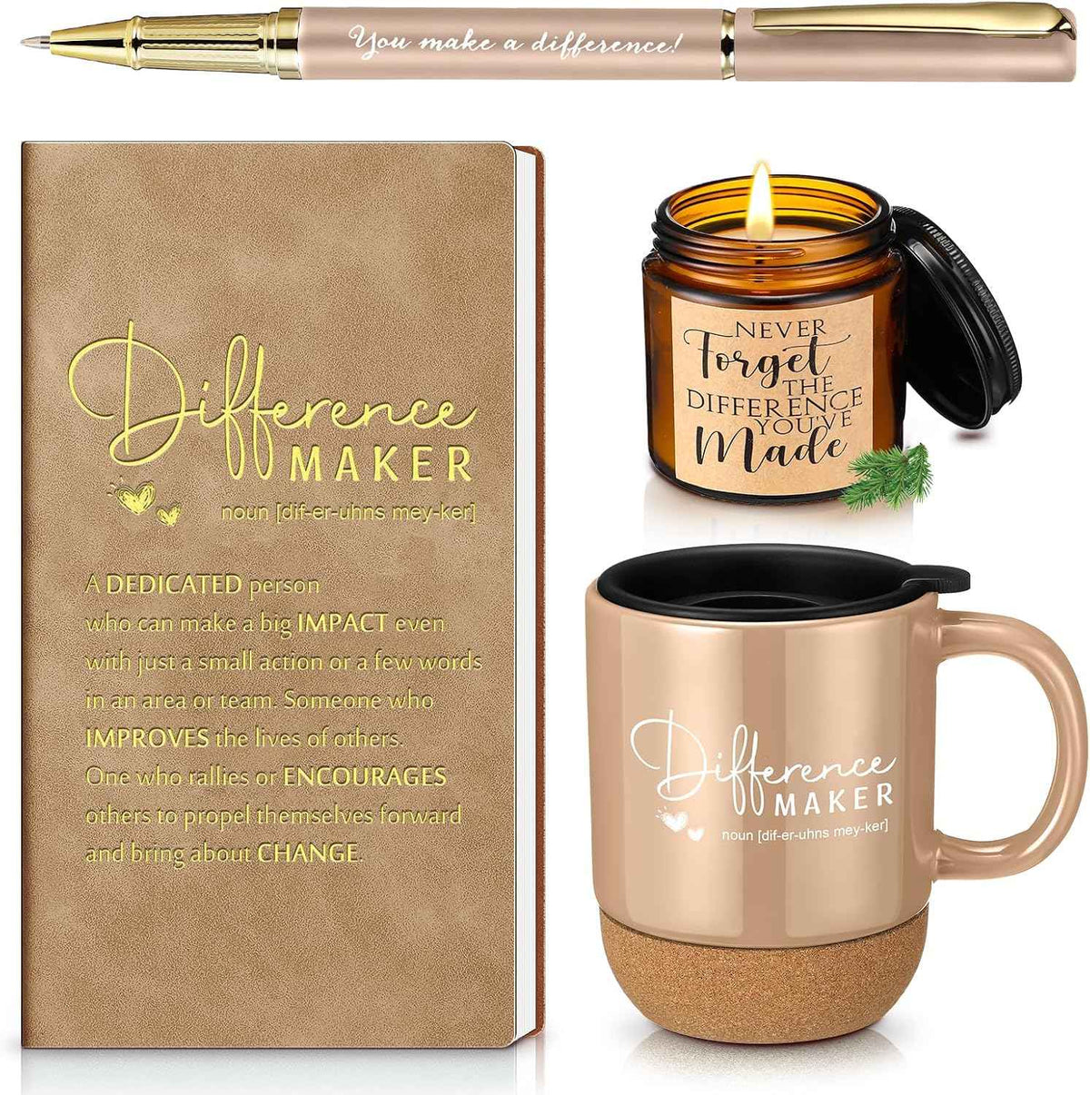 Vesici 4 Pcs Difference Maker Gift Set Mug Notebook Candle Pen, Brown, Word | Thank You Gift Set for Women, Men, Teacher, Nurse, Coworker, Employee, and Boss Back to School Teacher Appreciation Gifts