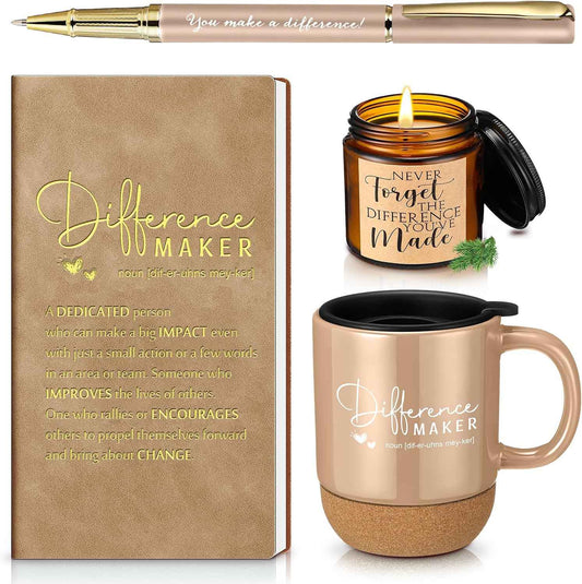 Vesici 4 Pcs Difference Maker Gift Set Mug Notebook Candle Pen, Brown, Word | Thank You Gift Set for Women, Men, Teacher, Nurse, Coworker, Employee, and Boss Back to School Teacher Appreciation Gifts