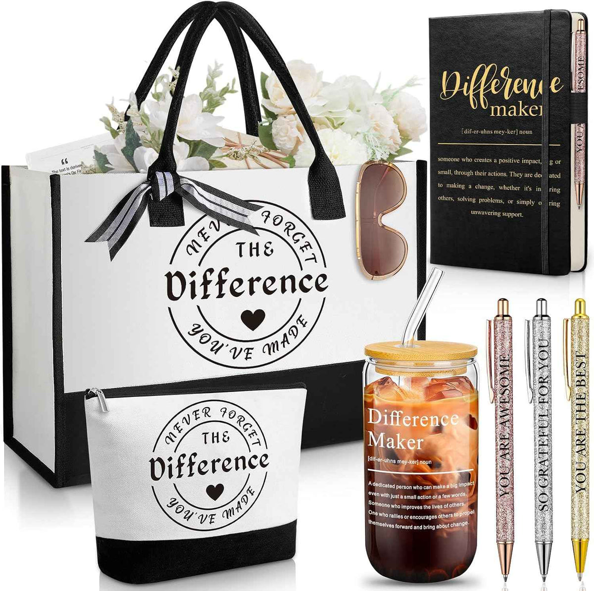 Funnymoom 7 Pcs Difference Maker Gift for Women | Thank You Gifts, Employee Appreciation Gifts Set Includs Tote Bag Leather Journal Pen Tumbler Makeup Bag for Teacher Nurse