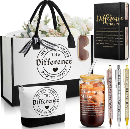 Funnymoom 7 Pcs Difference Maker Gift for Women | Thank You Gifts, Employee Appreciation Gifts Set Includs Tote Bag Leather Journal Pen Tumbler Makeup Bag for Teacher Nurse