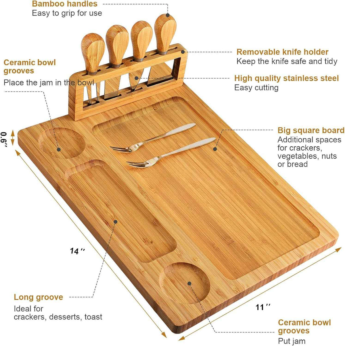 Bamboo Charcuterie Board Set with 4 Cheese Knives, Serving Platter | 4 stainless steel knives, cutting board. Ideal for parties, weddings, wine night, housewarming.