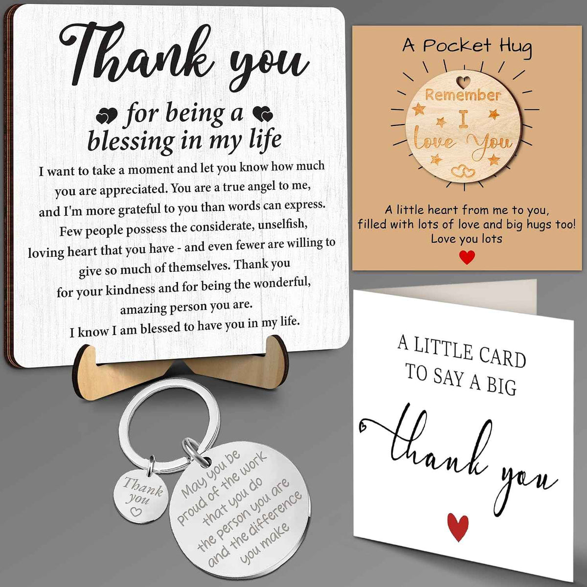 Thank You Gifts for Coworkers, Teacher, Boss, Nurse, Employee, Pastor | Appreciation Gifts for Going Away, Retirement, Thanksgiving Desk Decor with Plaque, Pocket Hug, Keychain, Card FF751