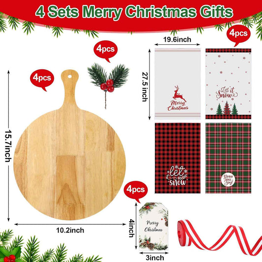 4 Set 15.7in Christmas Cutting Board Bulk Christmas Kitchen Gift Set Wooden Cheese Charcuterie Board Kit with Tea Towels Red Berry Housewarming Gifts for Neighbor Xmas Holiday Party Decors