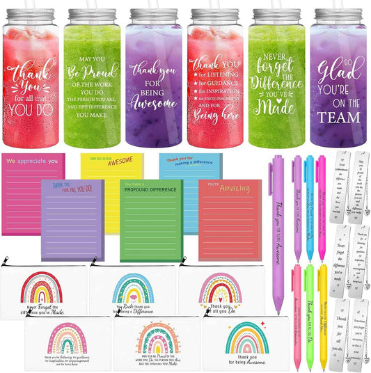 SiliFine 36 Pcs Employees Appreciation Gift Set Thank You Gifts for Women 6 Set Inspirational Tumbler with Lids and Straws Makeup Bags and Keychains Ballpoints Sticky notepads bookmark with pendant
