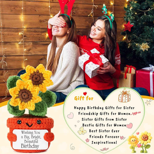 Happy Birthday Gifts for Women Men Leo Virgo Libra Scorpio Birthday Card | Best Friend Sister Wife Girlfriend 40th 50th Her Him Dad Mom Grandma Unique Funny Positive Crochet Sunflower with Birth Card