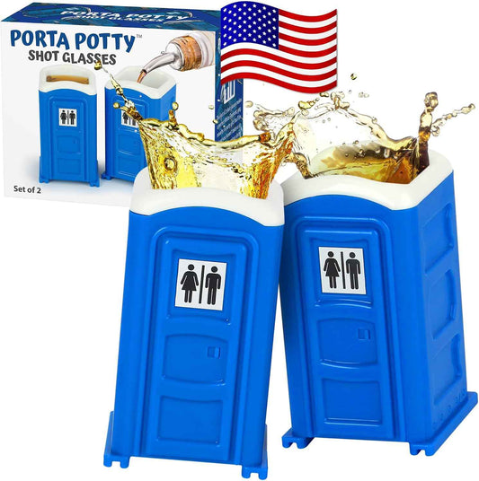 Funwares Porta Potty Shot Glasses, Set of 2, 2 oz Novelty Gag Gift for Men | Toilet-Shaped Humor, Durable Scratch-Resistant Plastic, White Elephant, Secret Santa & Shot Glass Collector Favorite