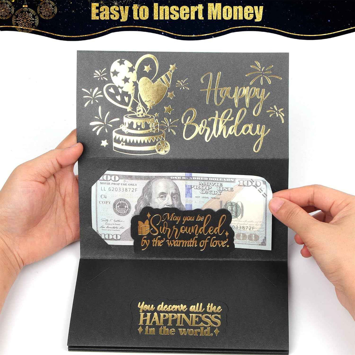 Birthday Money Envelope for Cash Gifts, Surprise Cash Envelope Money Holder | Birthday Money Envelope for Men Women Girls Boys, Black Gold Birthday Money Gifts