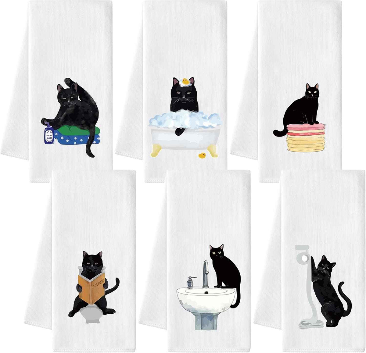 Black Cat Hand Towel - 6Pcs Funny Bathroom Black Cat Decorative Cloths Set Absorbent Polyester Towels for Bath Bar Room Decor, Housewarming Gift for Hostess & Home