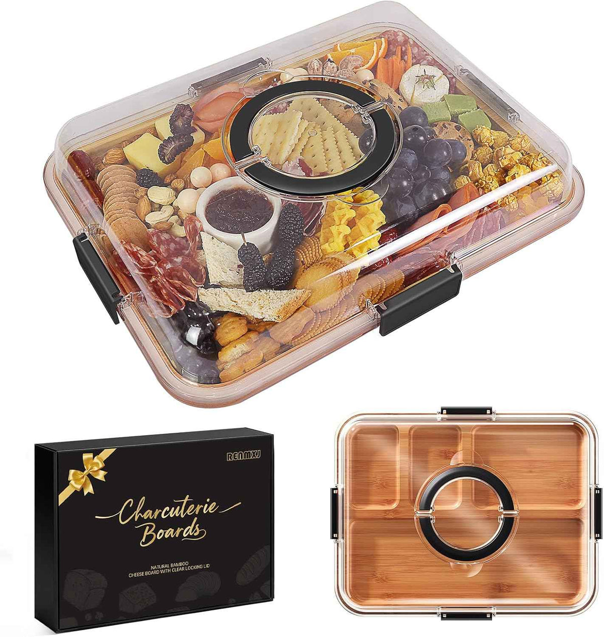 Renmxj Portable Charcuterie Boards with Lid, Cheese, Veggie & Snack Tray | Clear Lid Keeps Food Fresh, Travel Portable Board for Kitchen, Picnic and Party, House Warming Gifts New Home